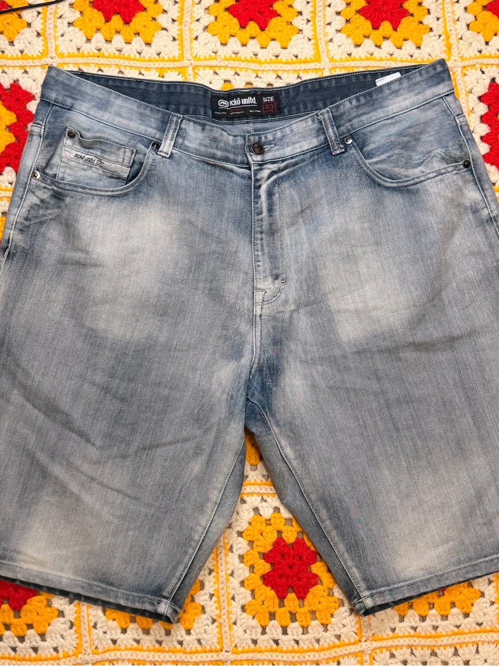 Y2K Ecko Unltd Relaxed Fit Denim Blue Jean Shorts Mens Size 40 Skater Jnco Fade